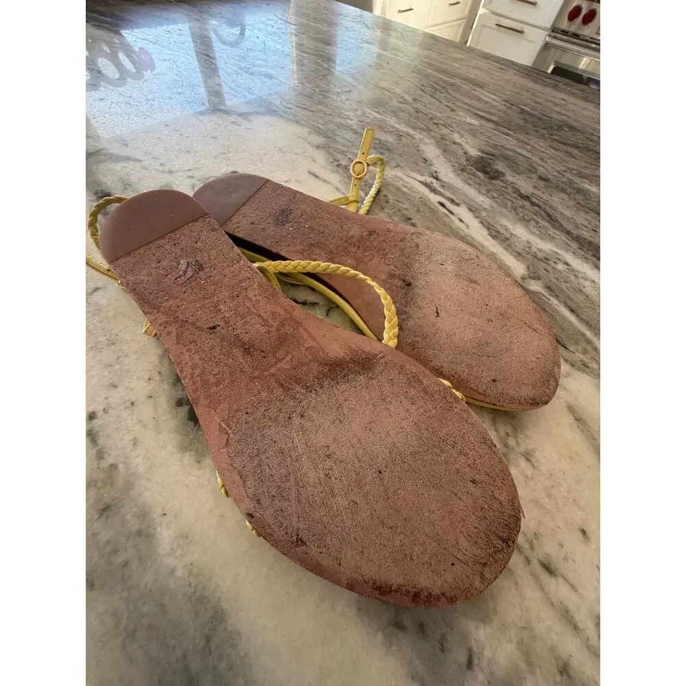 Veronica Beard Yellow Braided Leather Thong Sandals Strap Resort Coastal 7.5